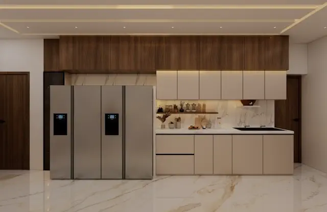 Custom cabinet service in the Dubai featuring modern kitchen cabinets with sleek storage units, integrated appliances, and premium wood finishes in a contemporary interior