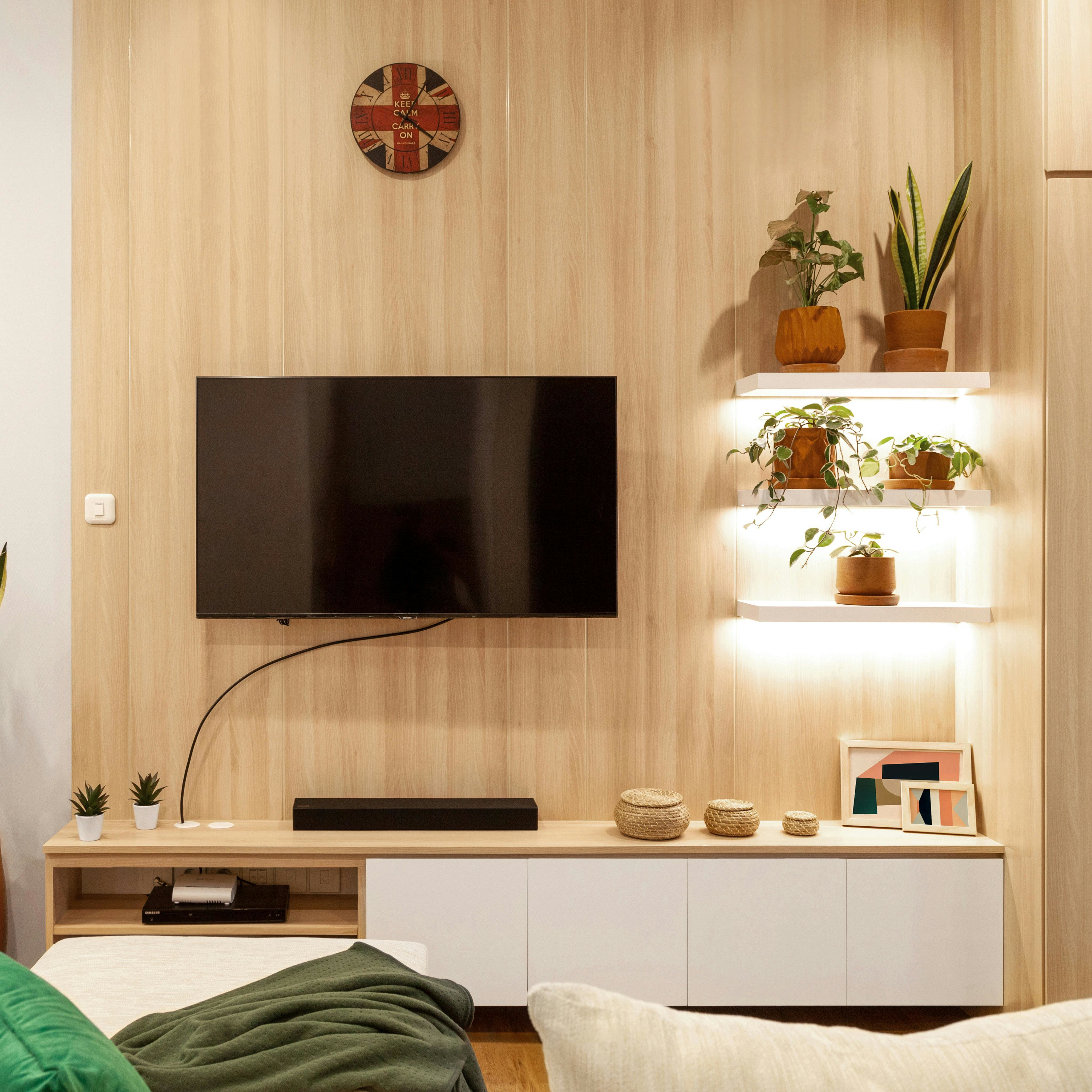 modern custom built entertainment units with wooden finishes