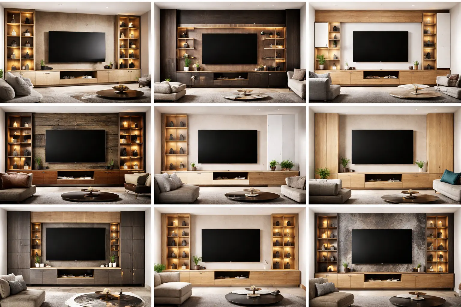 custom built wooden media walls with integrated shelving