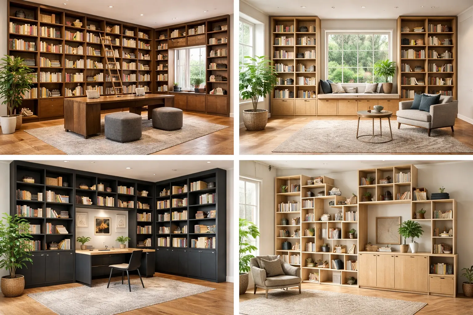custom wooden bookshelves with integrated seating