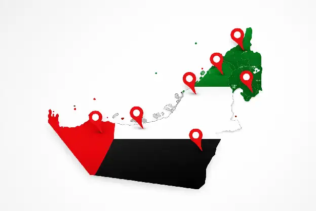 Our service areas in the UAE illustrated with a map highlighting multiple locations across the Emirates