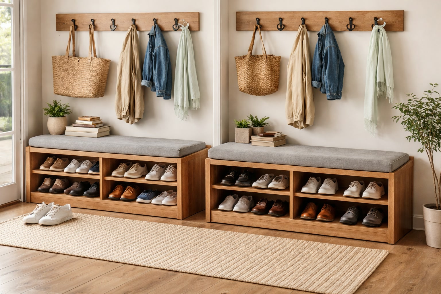 wooden shoe racks with seating benches